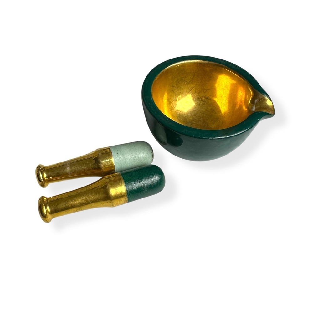 Vintage Ceramic Mortar & Pestles Green Gold 3.5" Small Bowl Dish RX Herb Grinder